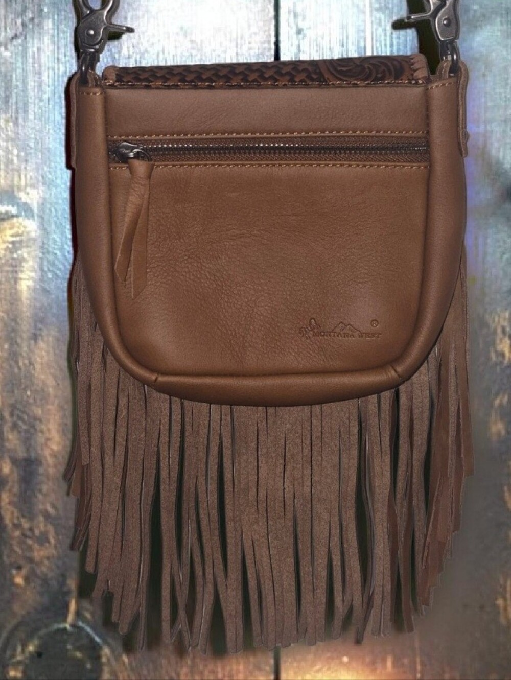 Montana West Genuine Leather Floral Tooled Fringe Crossbody Bag - Picture 3 of 14